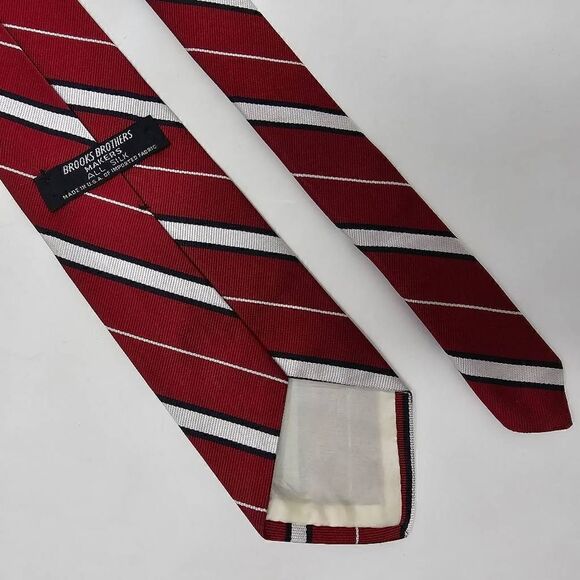 BROOKS BROTHERS MAKERS SILK TIE RED BLACK WHITE REPP STRIPE VINTAGE 3.25" X 60" - Picture 2 of 2